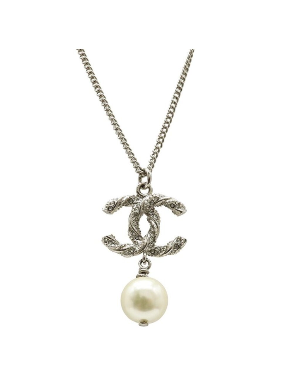 Chanel CC Logo Faux Pearl Pendant Metal Rhinestone Silver Ivory Necklace